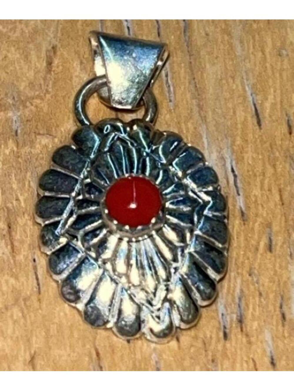 Native American Navajo handmade sterling silver coral traditional pendant charm